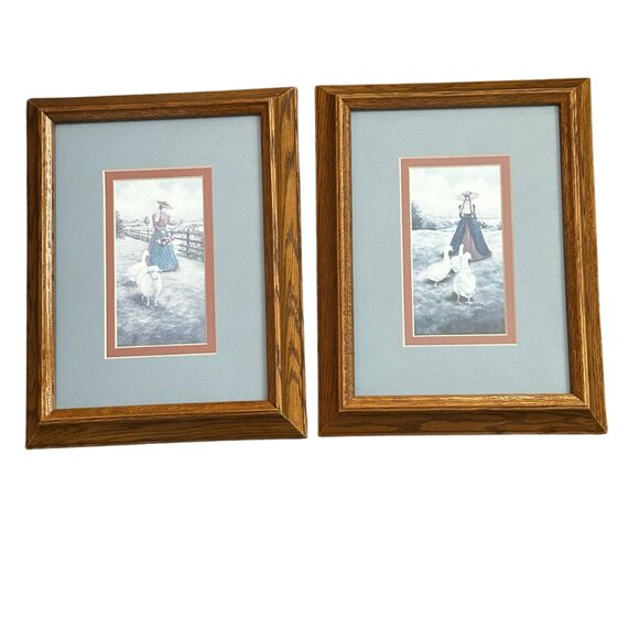 2 Glynda Turley Victorian Geese Sheep & Victorian Lady and Geese Prints Framed